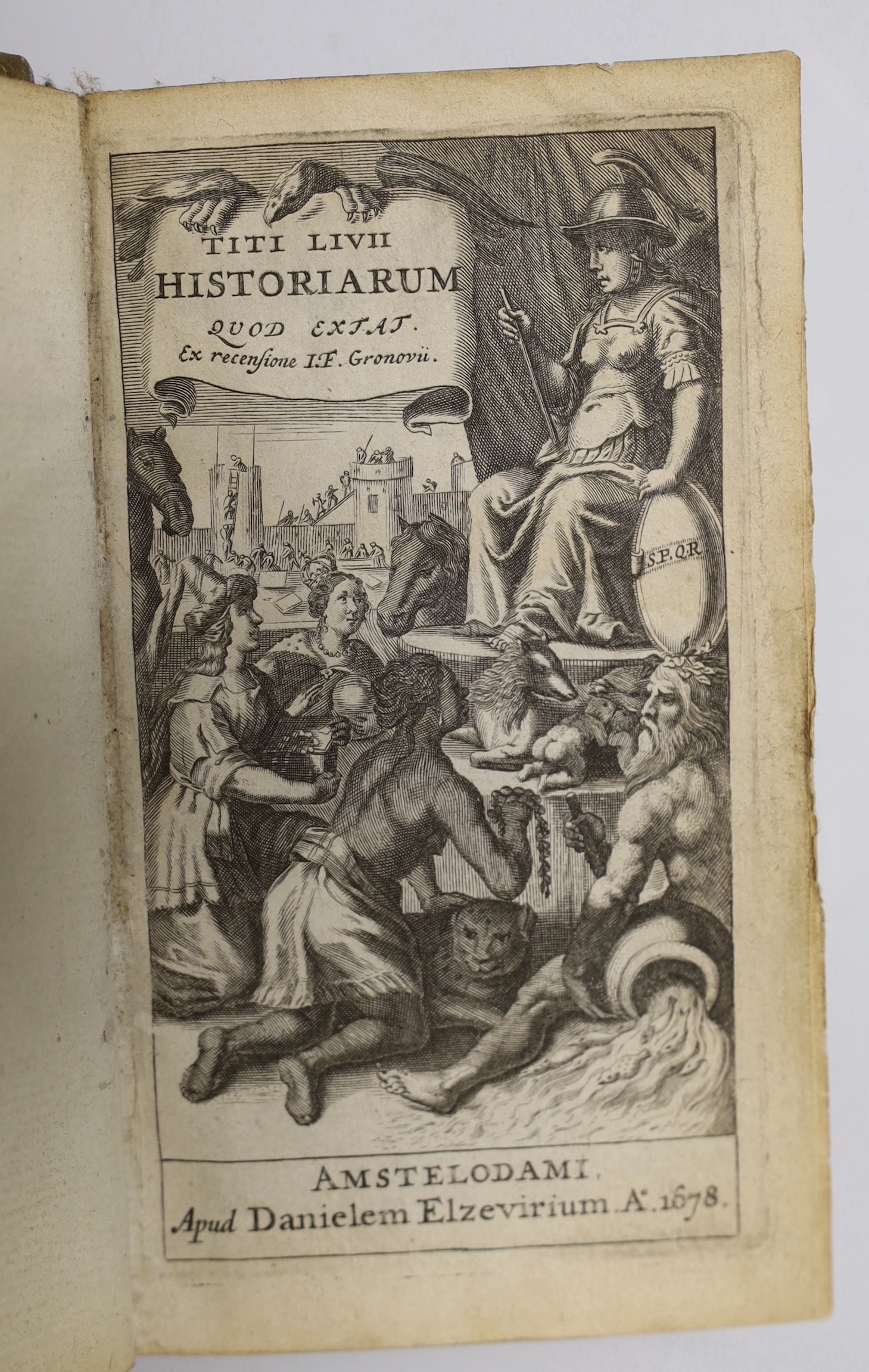 Livy, Titus - Titi Livii Historiarum Quod Extat, Ex Recensione IF Gronovii, 16mo, contemporary vellum, engraved title, Latin text in two columns, 788 pp. (complete), Danielem Elzevirium, Amsterdam, 1678